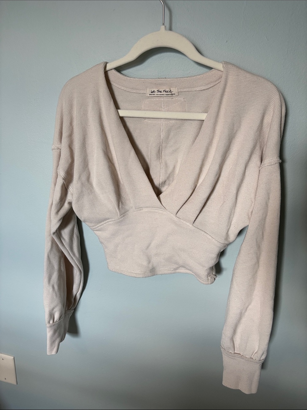Free People Cream Cropped V-Neck Ribbed Top